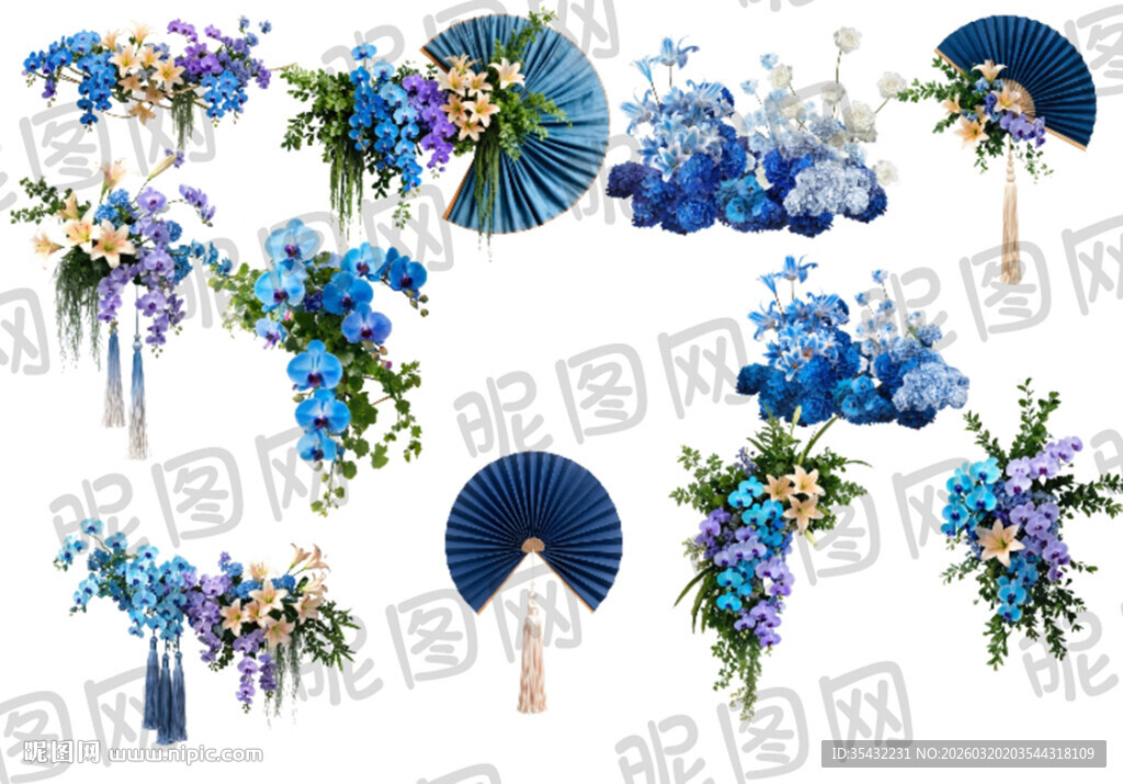 蓝色系婚礼装饰花艺布置