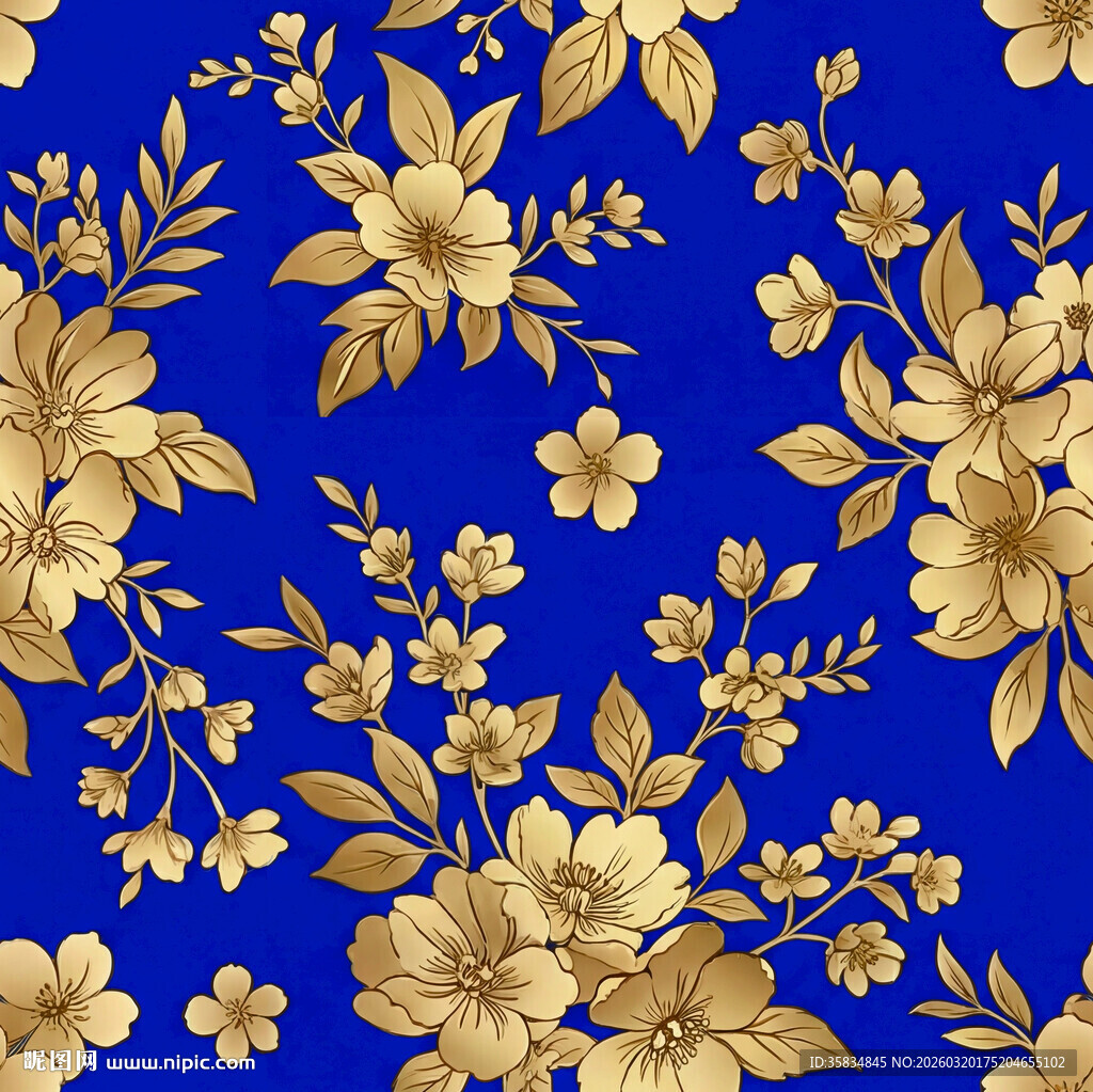 蓝色 金色 花卉 图案