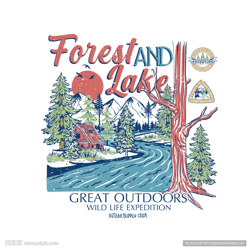 森林湖畔户外探险主题图案