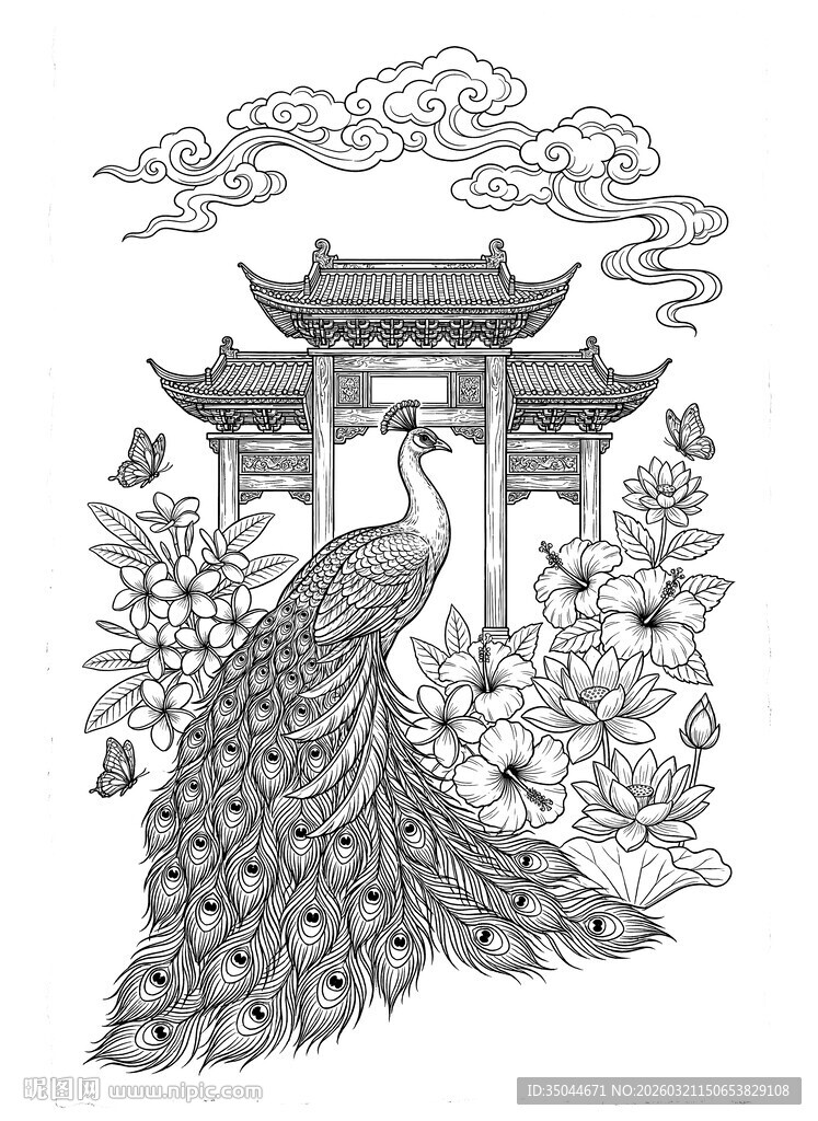 中式孔雀与古典建筑图案