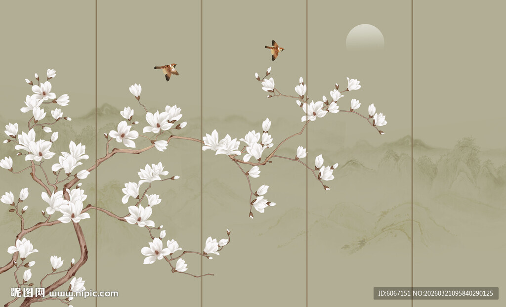 新中式工笔花鸟画背景墙