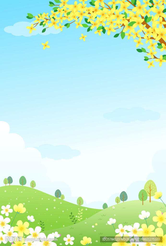 春天烂漫迎春花田园花草树木背景