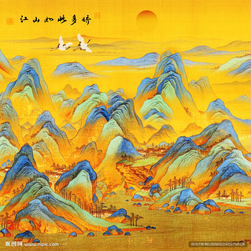 中国风千里江山背景壁画