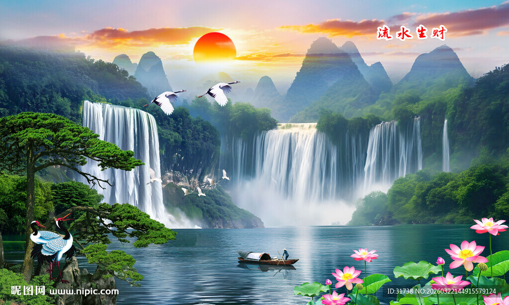 流水生财山水画