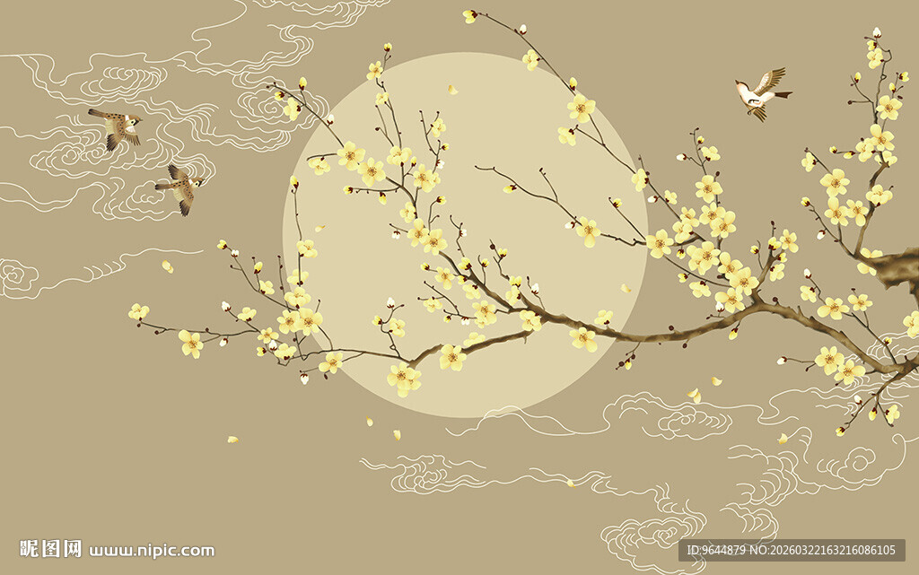 手绘梅花祥云背景墙