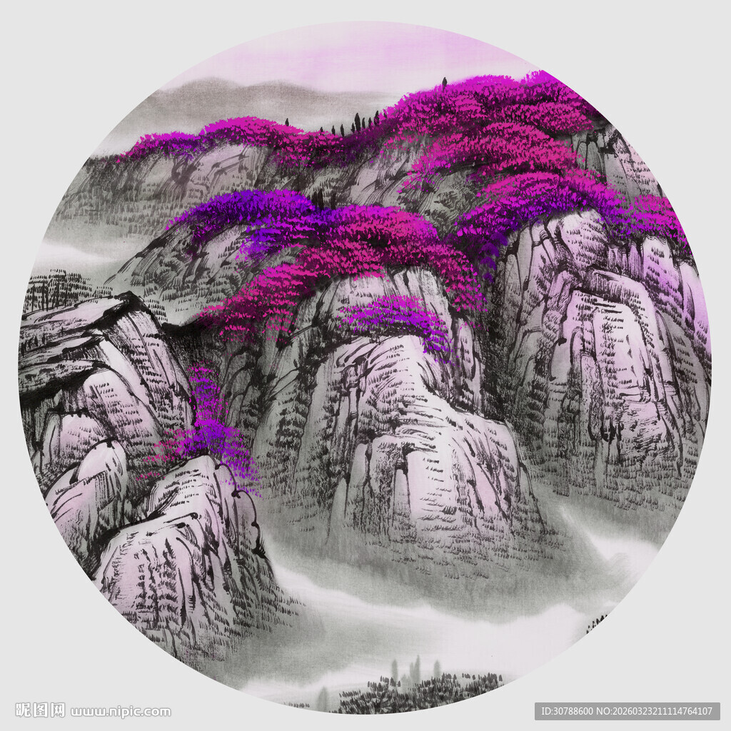 圆形装饰画中式山水画