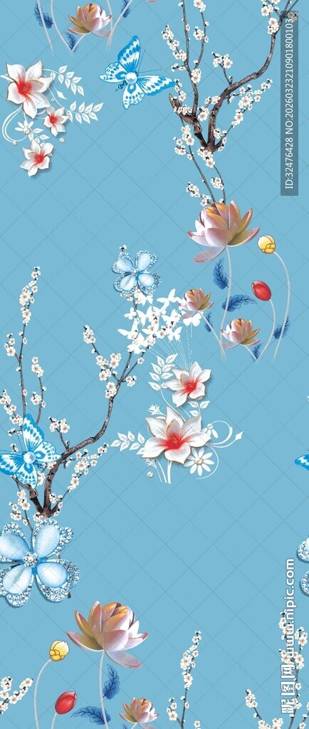 蓝色背景繁花飞鸟图案汉服