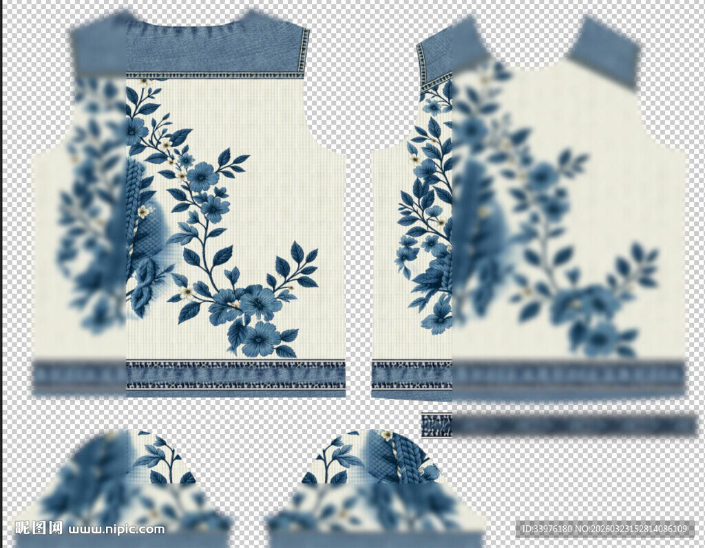 中式蓝白牛仔植物窗棂图案素材