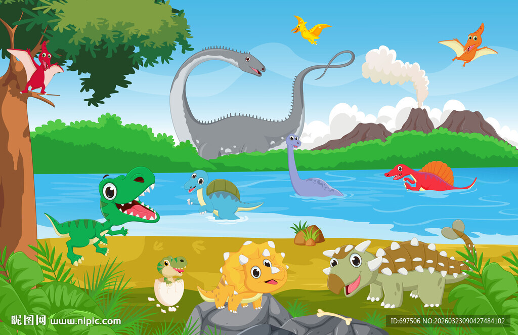 卡通火山可爱恐龙乐园儿童背景墙