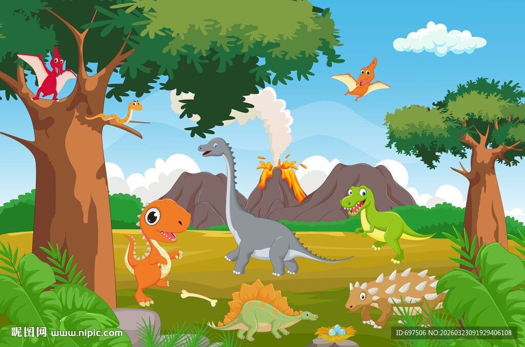 森林火山卡通恐龙世界儿童背景墙