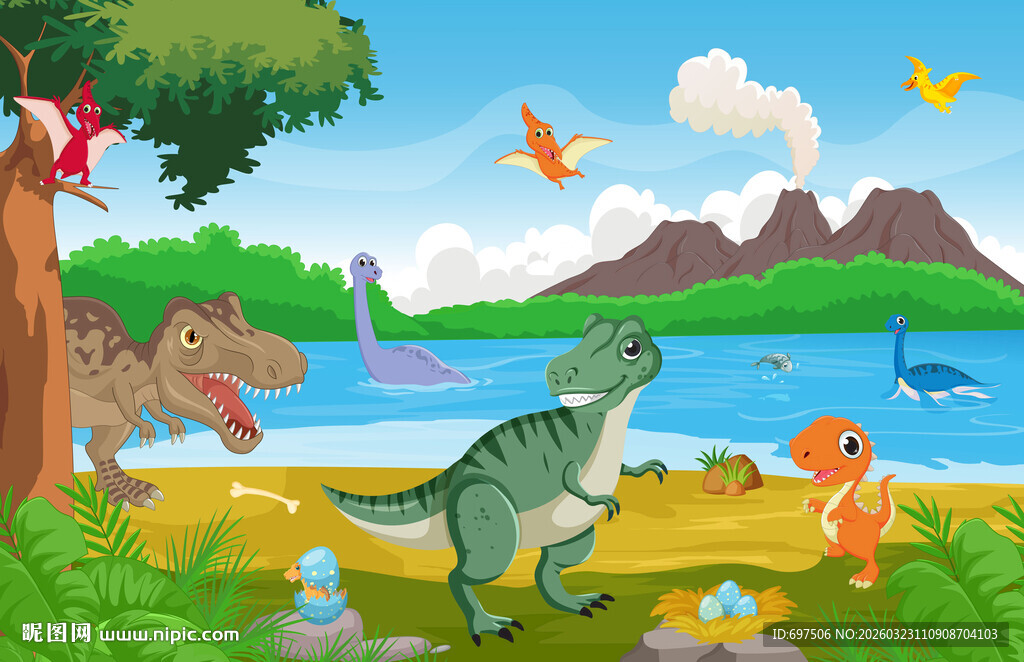 森林恐龙卡通火山湖泊儿童背景墙
