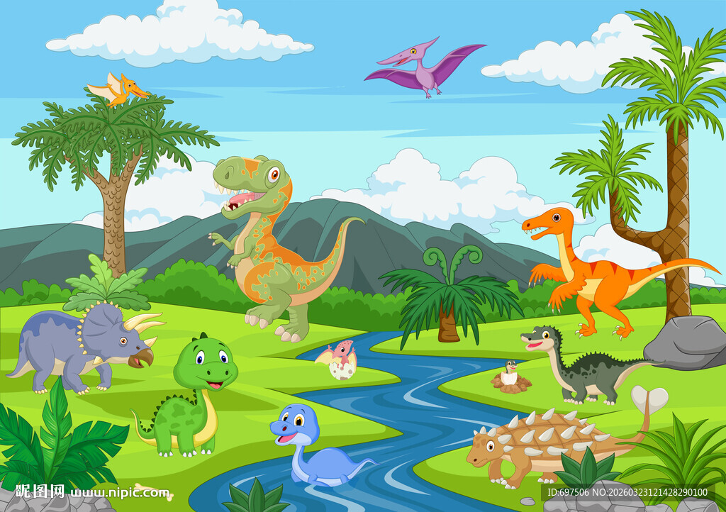 卡通侏罗纪恐龙世界儿童房背景墙
