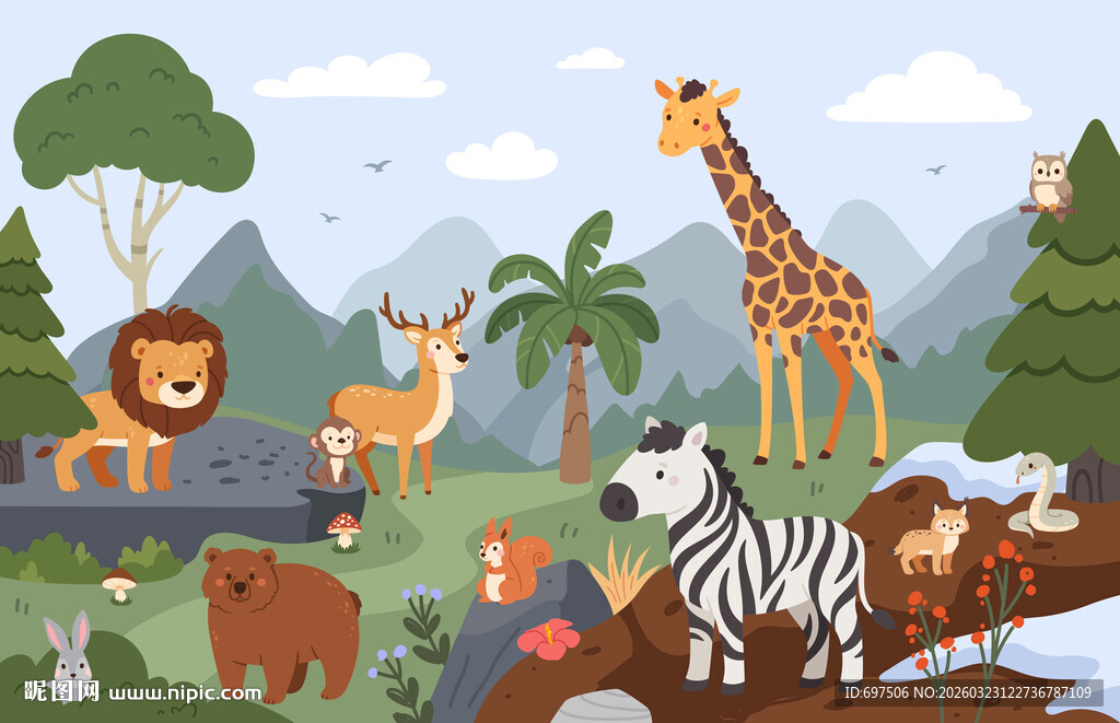 可爱动物卡通森林山脉儿童背景墙