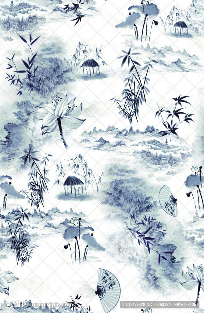 蓝白中式山水花鸟汉服