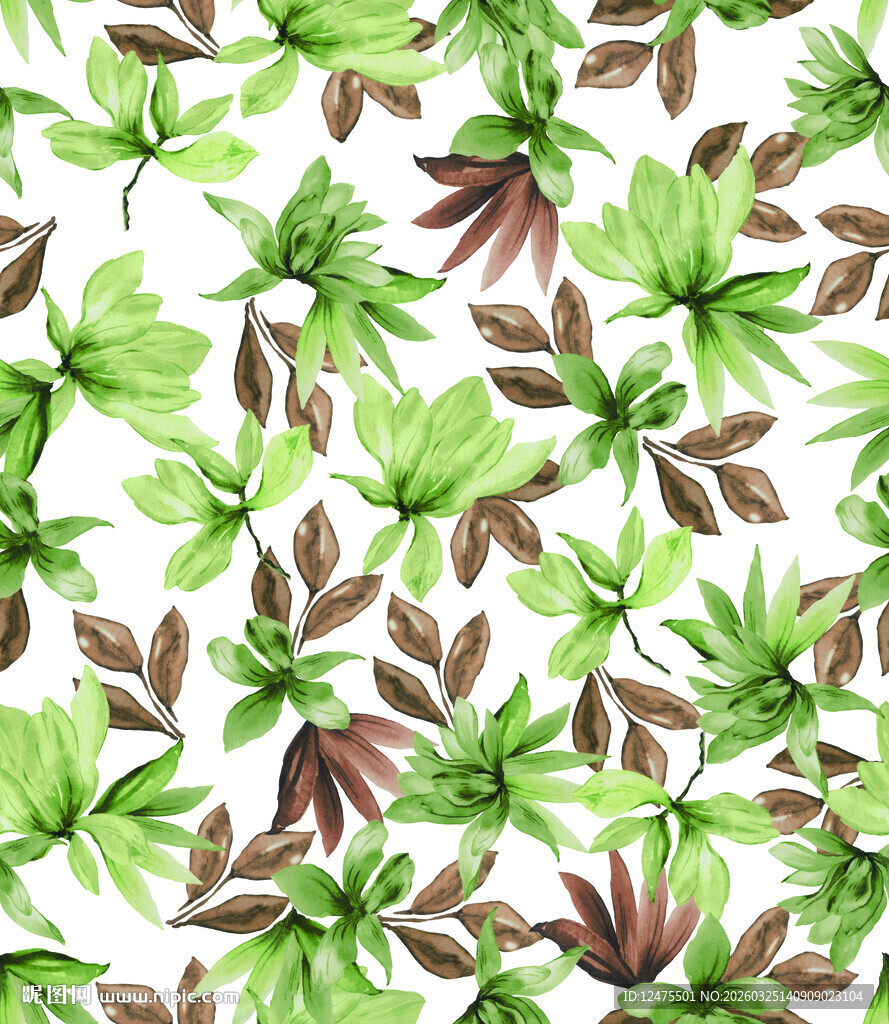 绿叶花卉水彩无缝图案