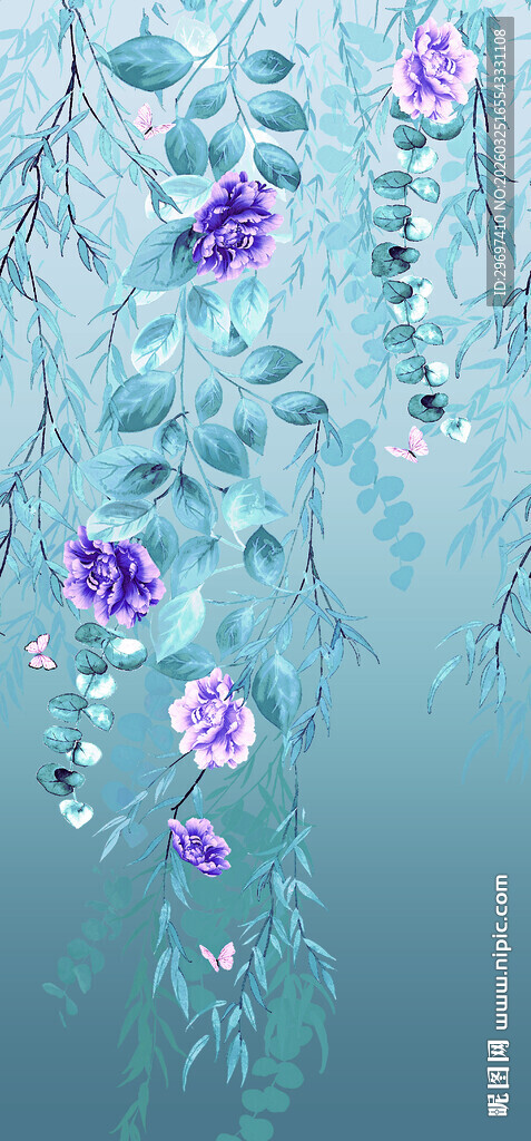 梦幻蓝紫色垂挂花卉图案