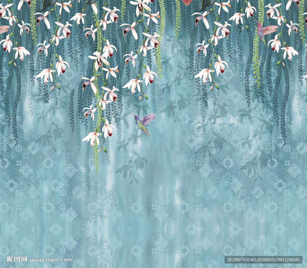 梦幻水墨风绽放的水中花朵