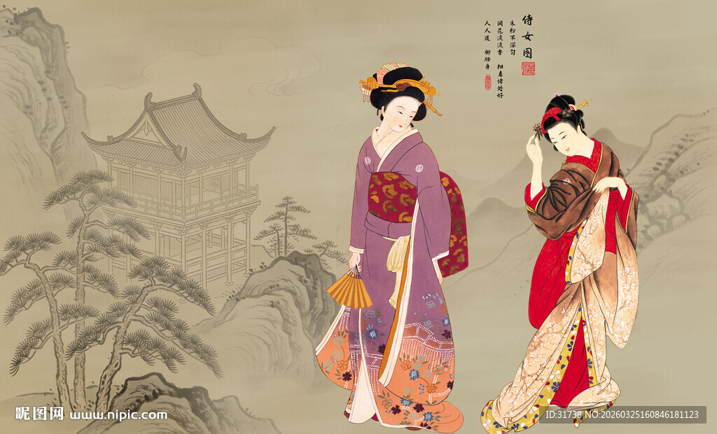 新中式阁楼侍女图背景画