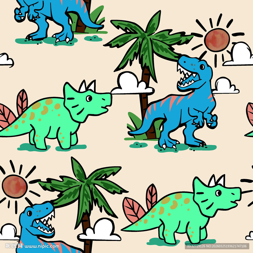 卡通恐龙与热带植物图案