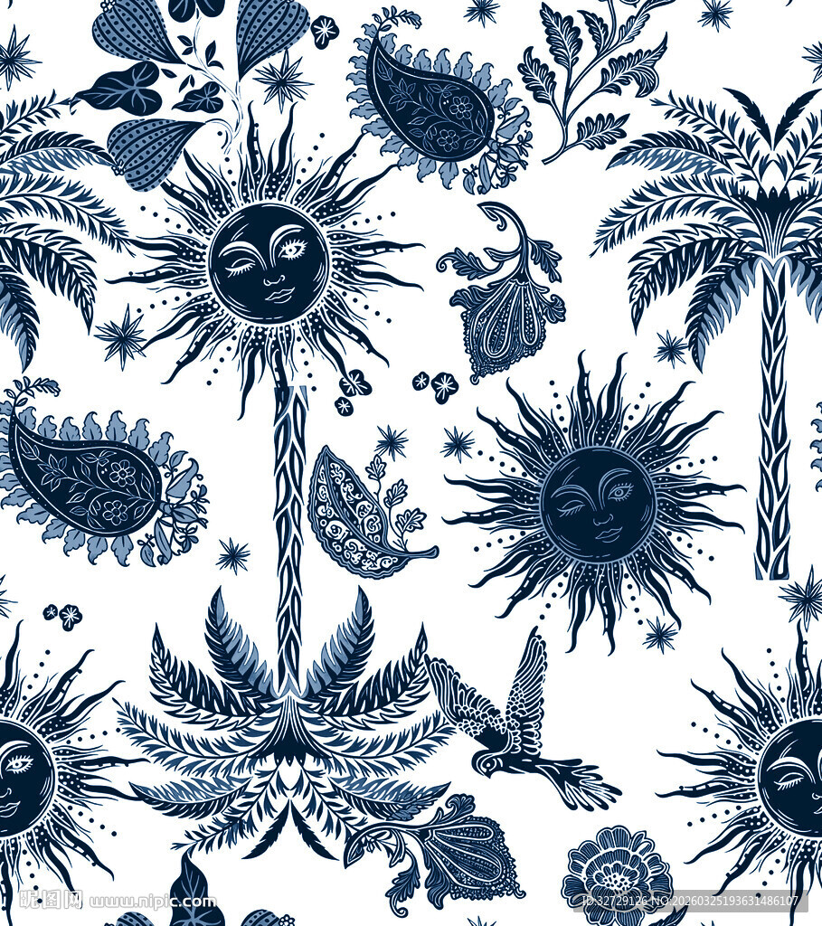 蓝白植物图案印花布料