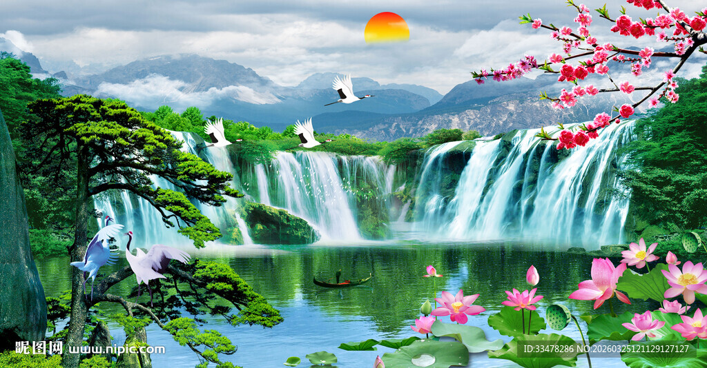 流水生财瀑布山水画