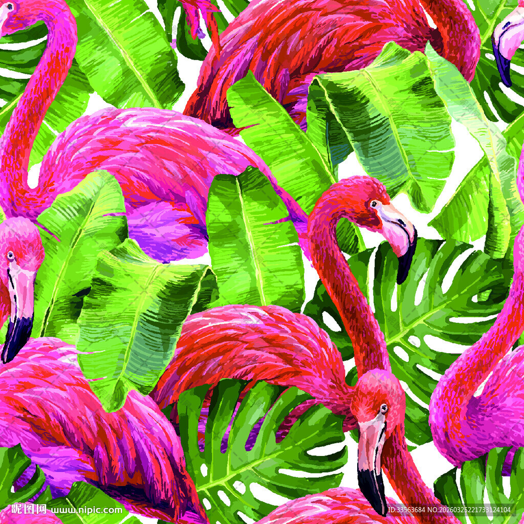 火烈鸟与热带绿植的梦幻组合