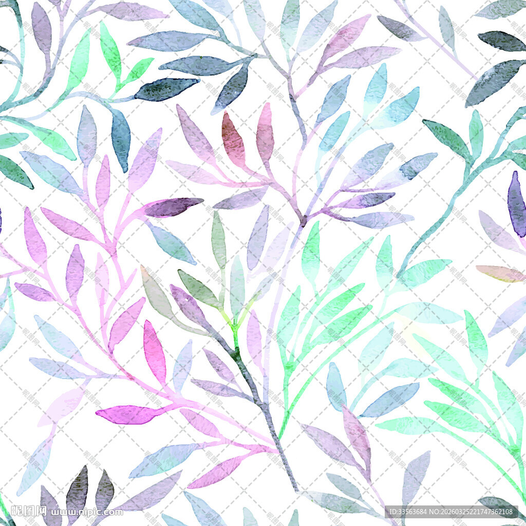 水彩风多彩叶片无缝图案