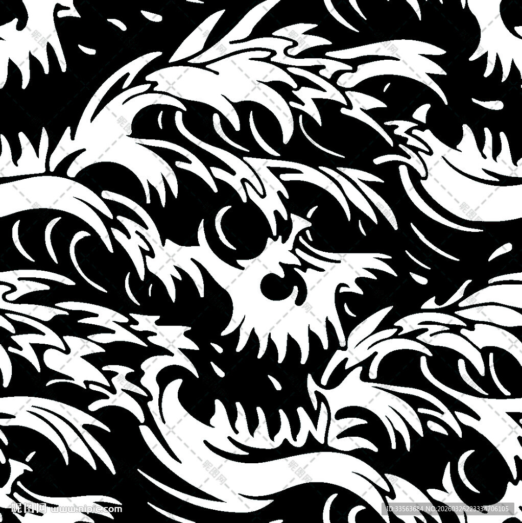 黑白海浪骷髅纹身图案