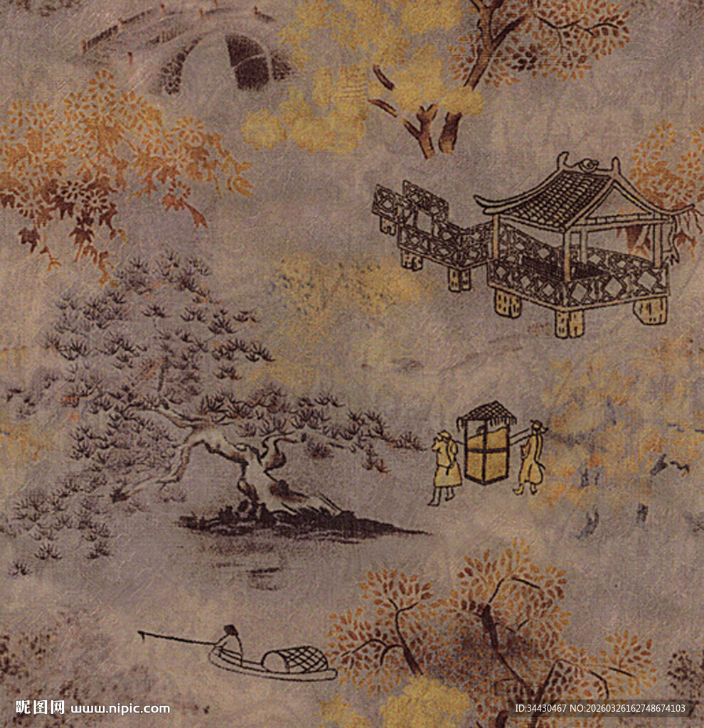 中式水墨风山水图案布料