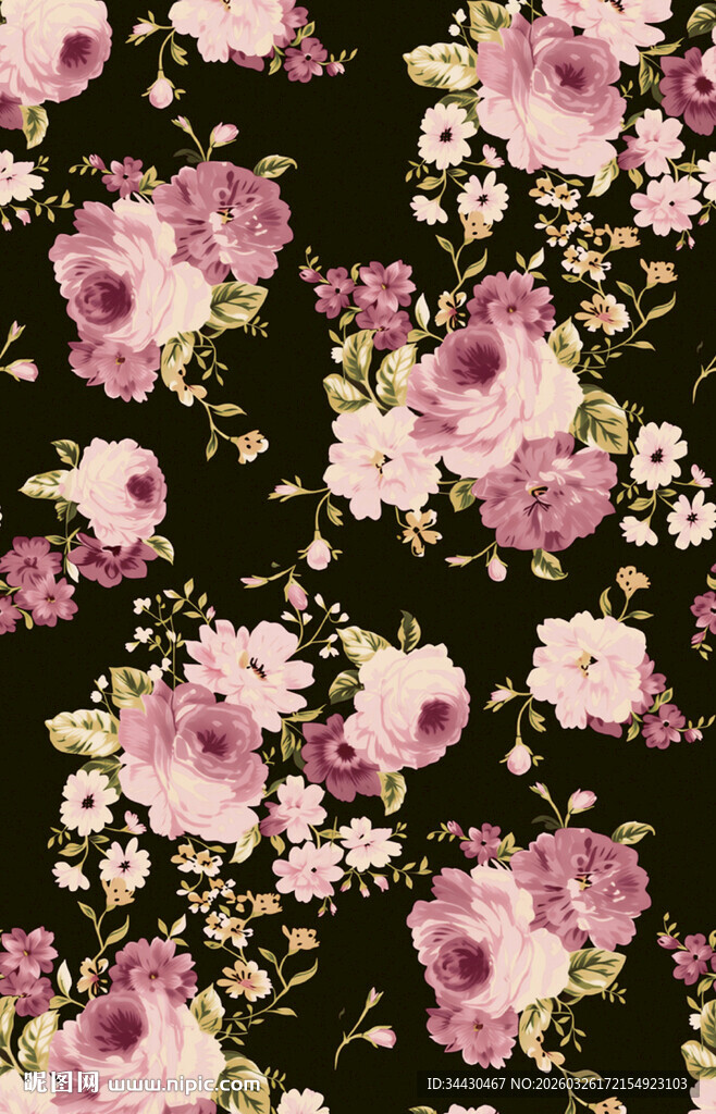 黑色底粉色花卉图案