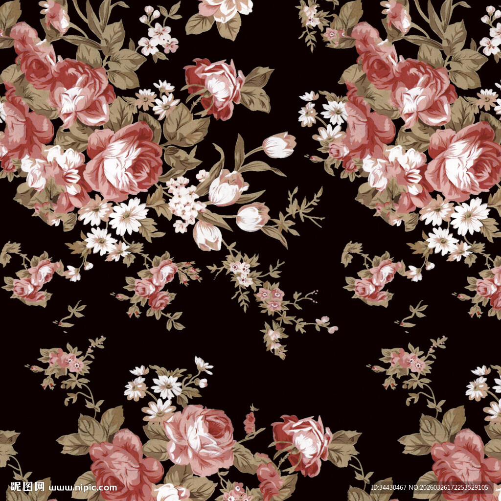 黑色底花卉图案印花