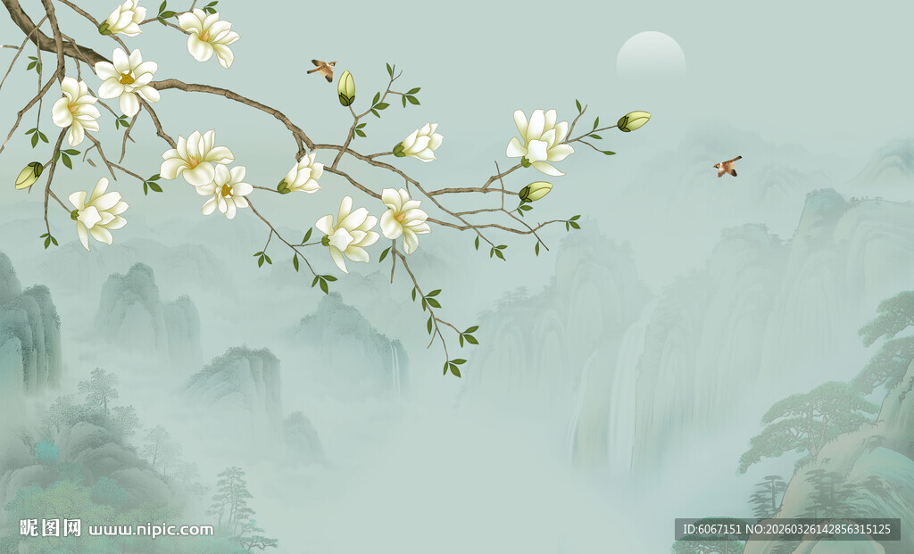 新中式工笔花鸟画背景墙