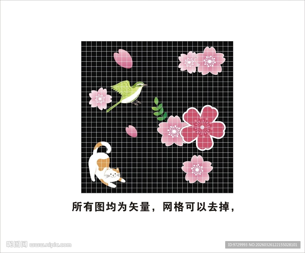 樱花飞鸟装饰图案设计