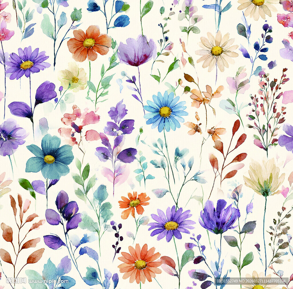 水彩绘多彩野花图案