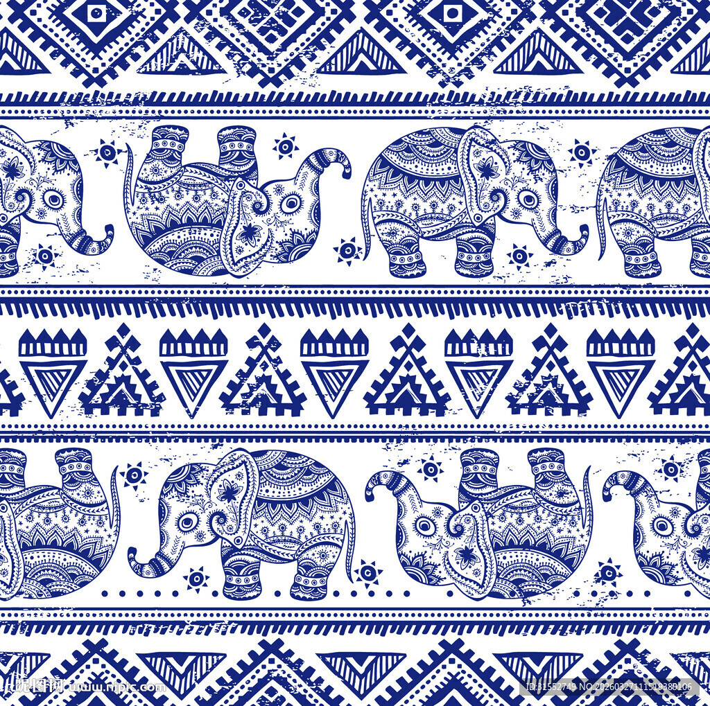 蓝白大象民族风图案