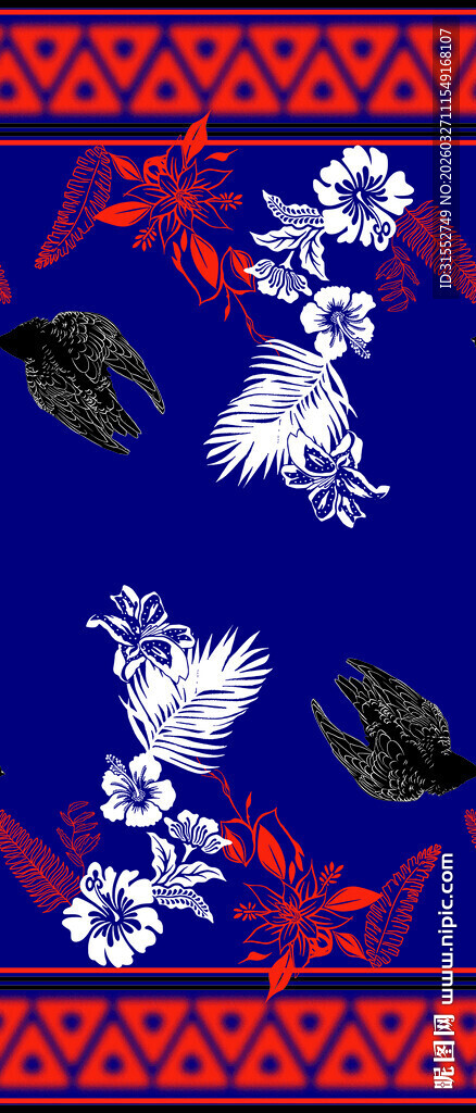 蓝底中式花卉刺绣图案