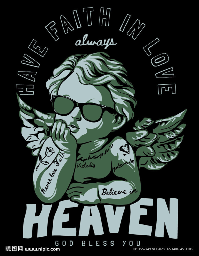 天使图案黑色T恤设计