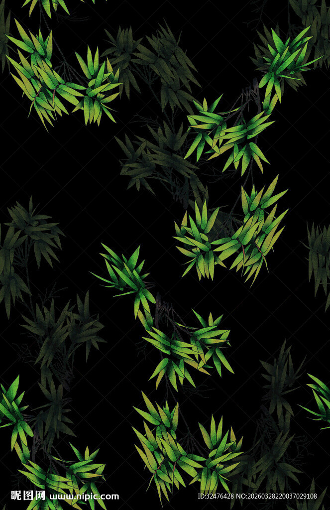 黑色背景上的翠绿竹叶图案