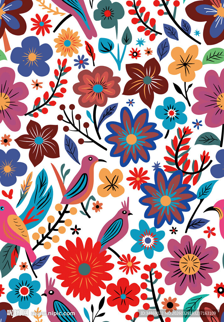 多彩花卉与小鸟图案设计