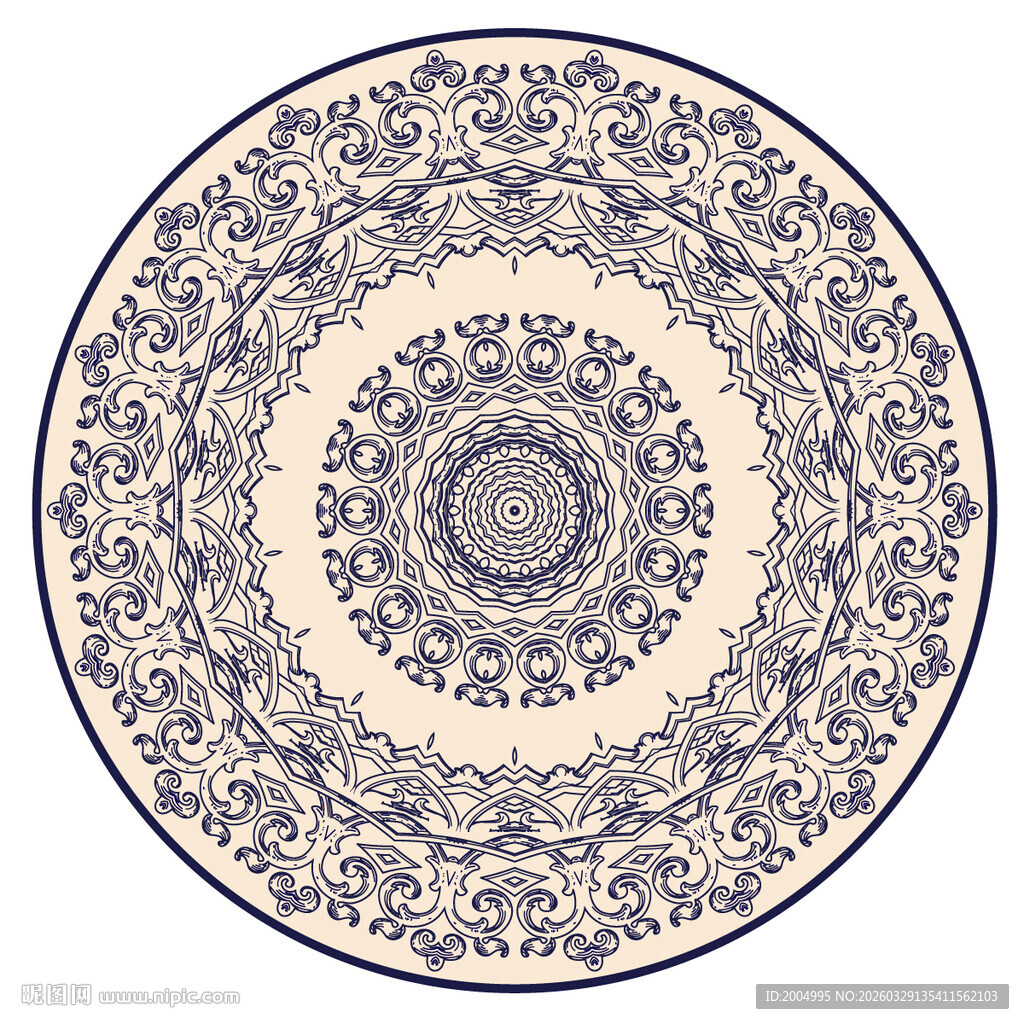 中式传统圆形蓝白花纹图案