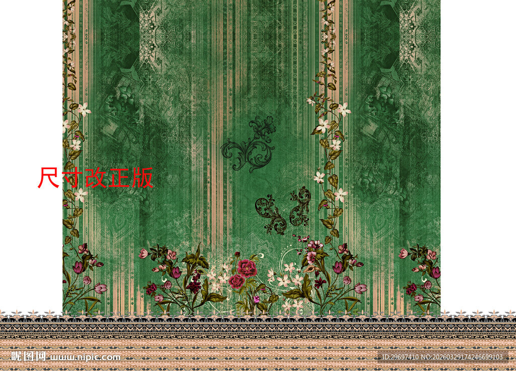 中式绿底花卉窗帘图案