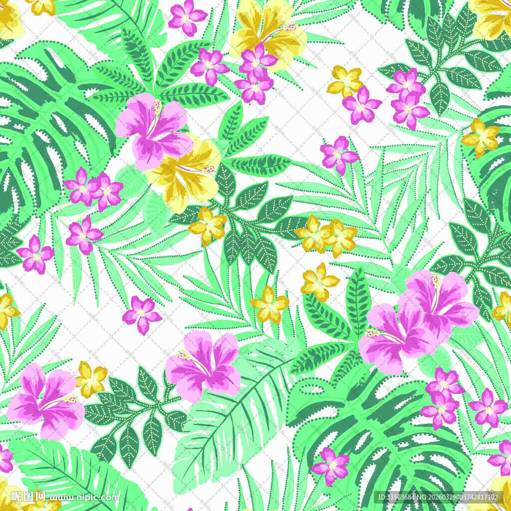 热带花卉绿叶图案背景
