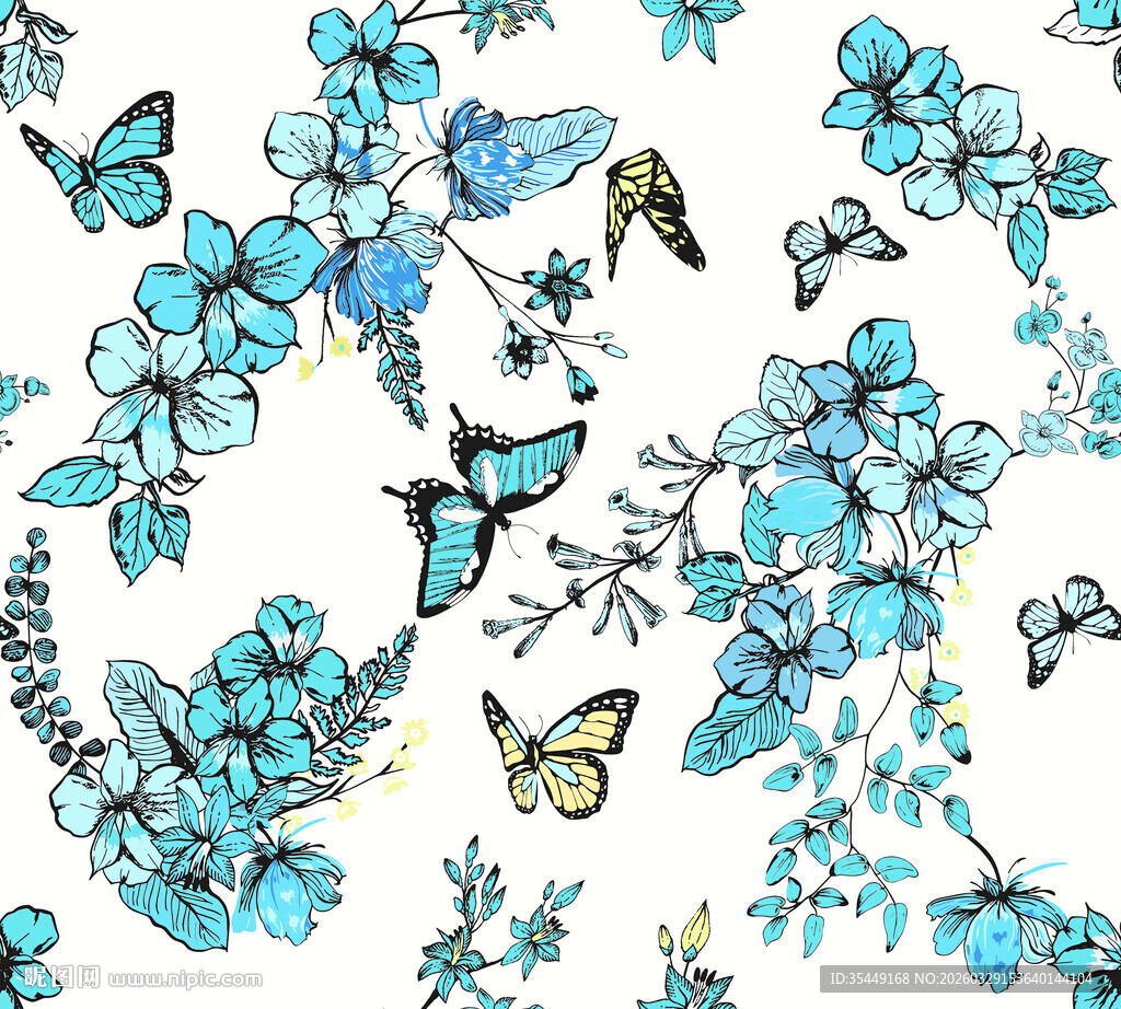 蓝花蝴蝶清新图案设计