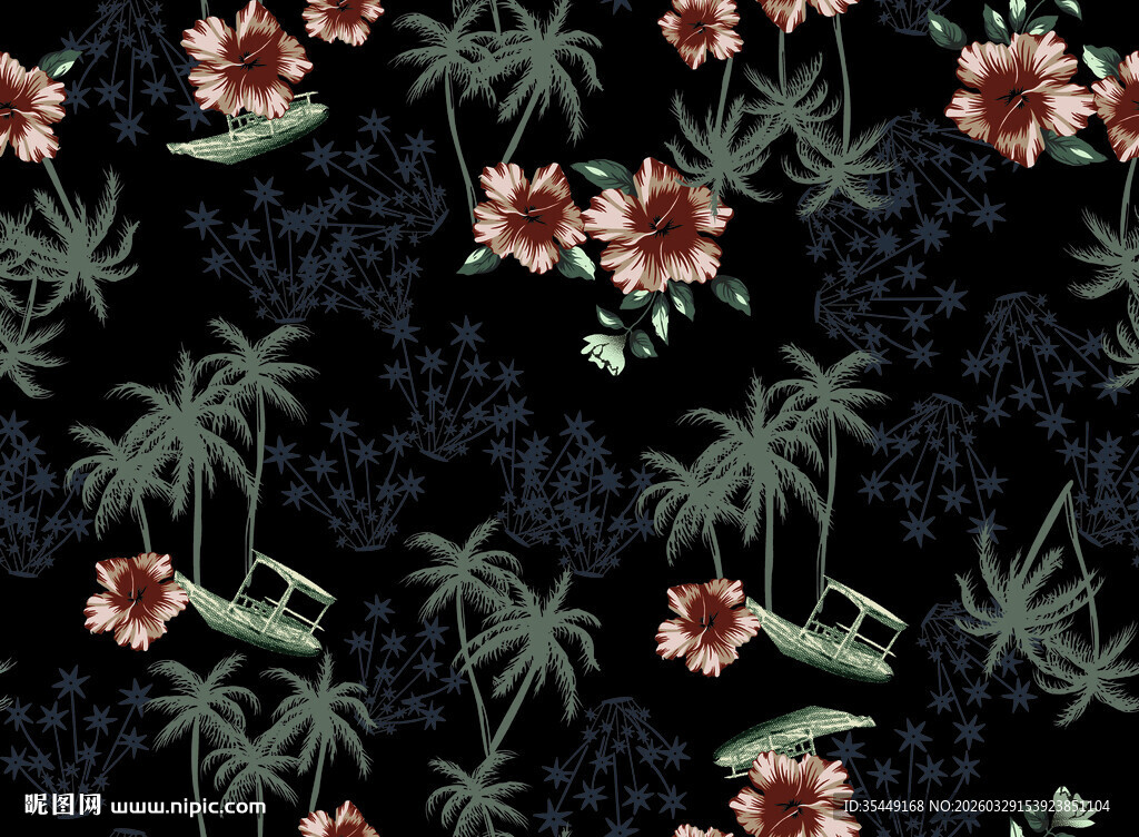 热带花卉棕榈叶图案背景