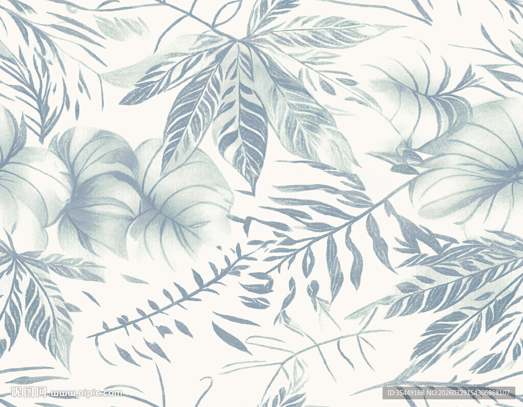 蓝白热带植物花卉图案