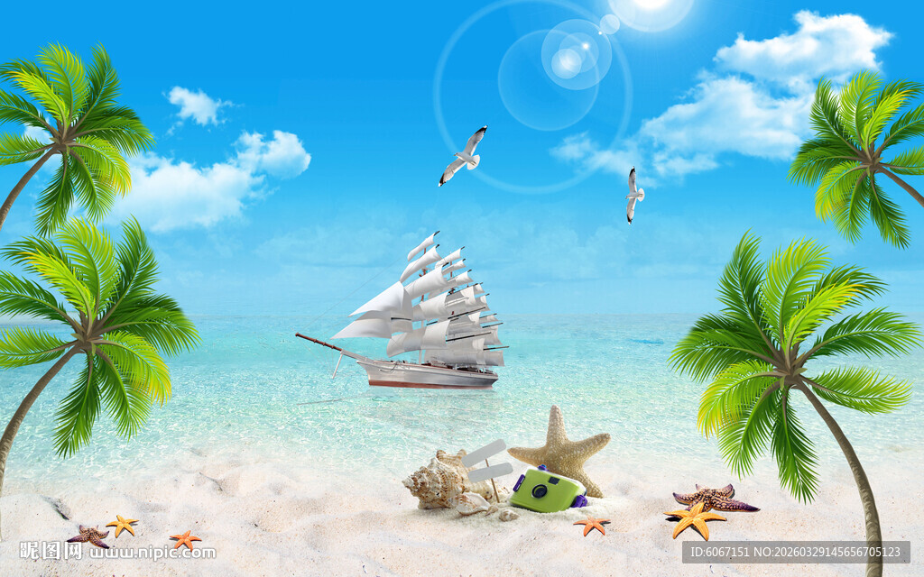 蓝天白云椰树大海背景墙