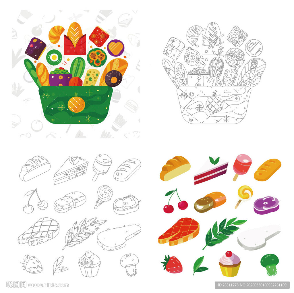手绘多彩蔬果面包图案集