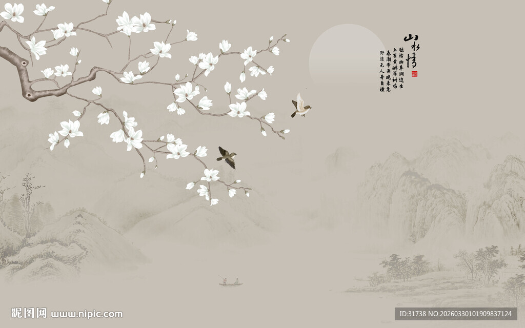 新中式山水情花鸟画背景墙