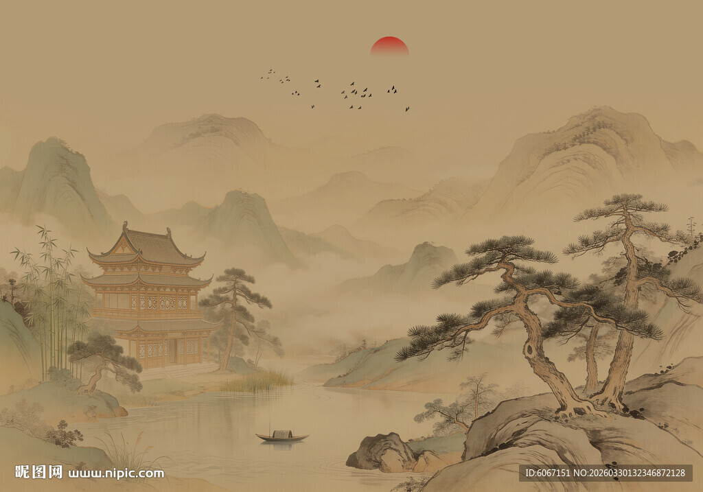 中式古风古典山水画背景墙