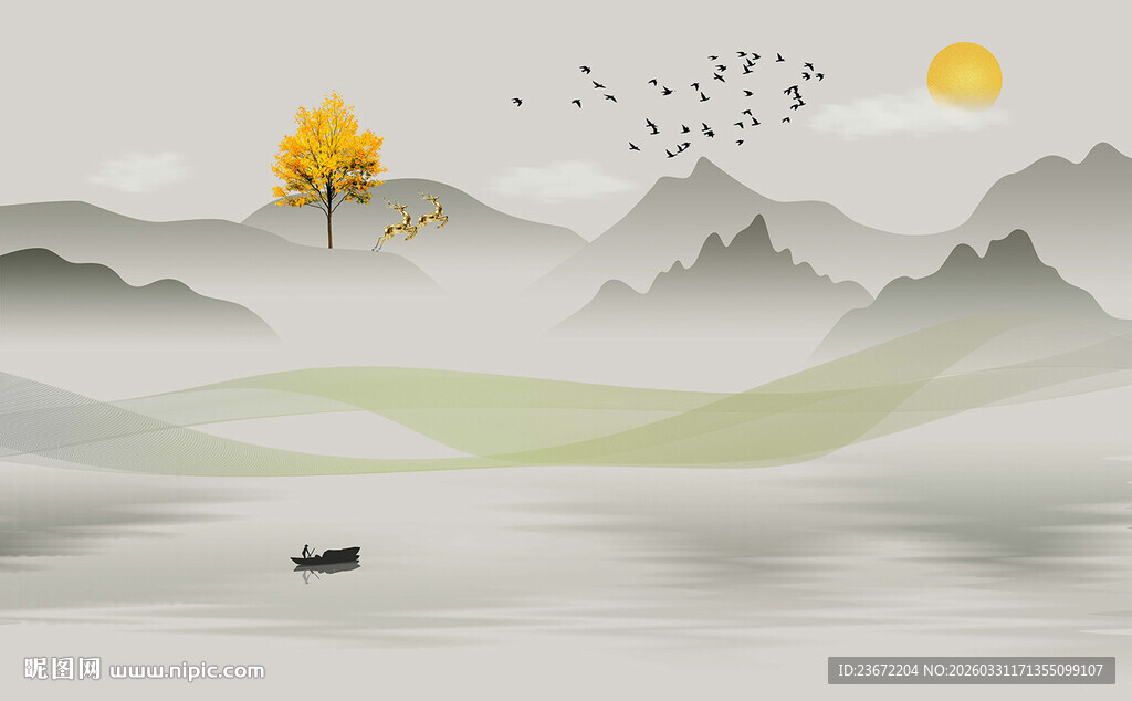 水墨山水间一叶扁舟